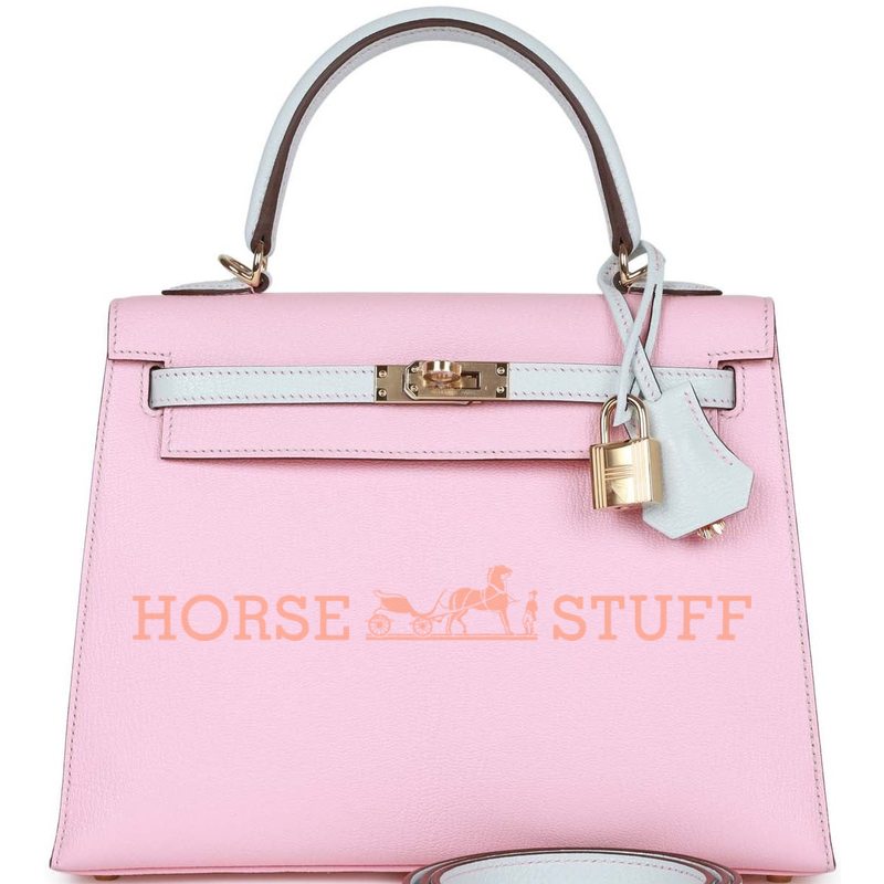 Hermès Kelly Sellier 25 Special Order HSS Rose Sakura / Blue Brume Chèvre GHW