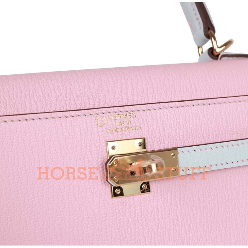 Hermès Kelly Sellier 25 Special Order HSS Rose Sakura / Blue Brume Chèvre GHW