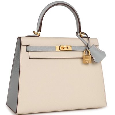 Hermès Kelly Sellier 25 Special Order HSS Craie / Blue Glacier and Rose Sakura Contrast Stitching Epsom BGHW