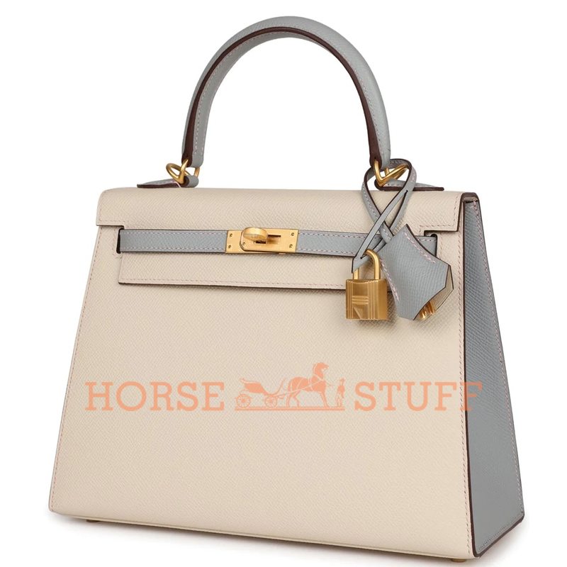 Hermès Kelly Sellier 25 Special Order HSS Craie / Blue Glacier and Rose Sakura Contrast Stitching Epsom BGHW