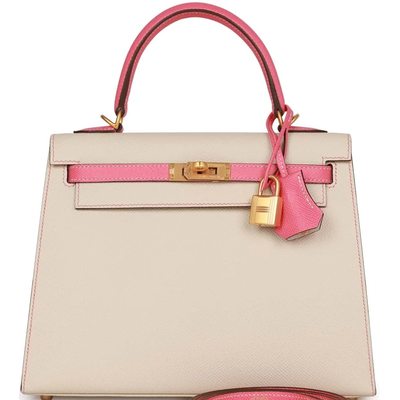 Hermès Kelly Sellier 25 Special Order HSS Craie / Rose Lipstick and Contrast Stitching Epsom BGHW