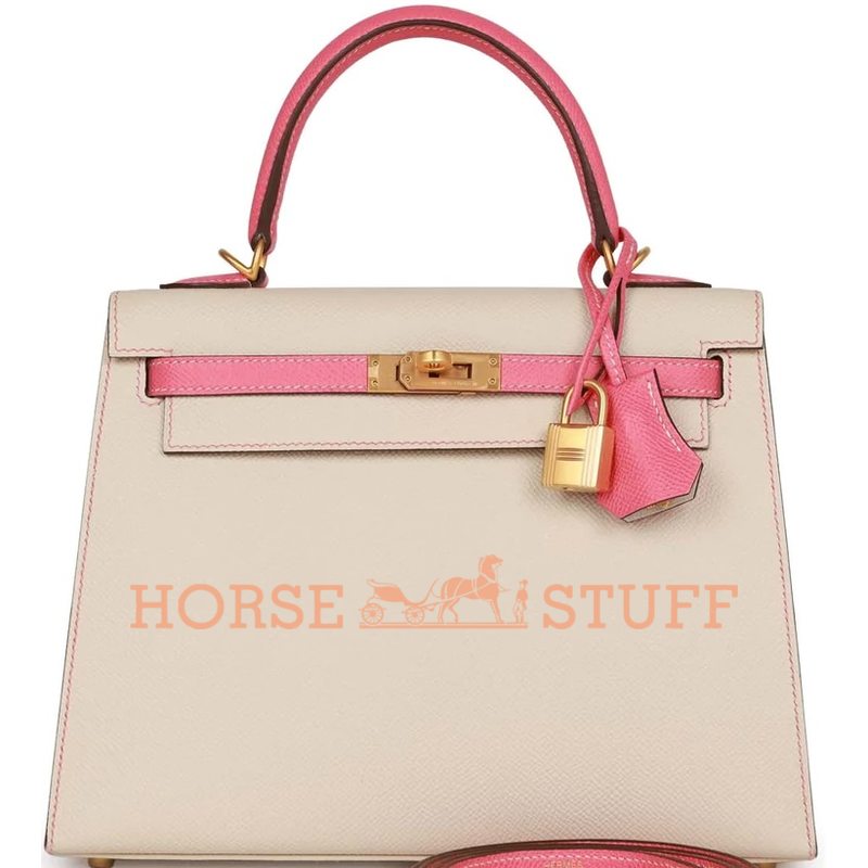 Hermès Kelly Sellier 25 Special Order HSS Craie / Rose Lipstick and Contrast Stitching Epsom BGHW