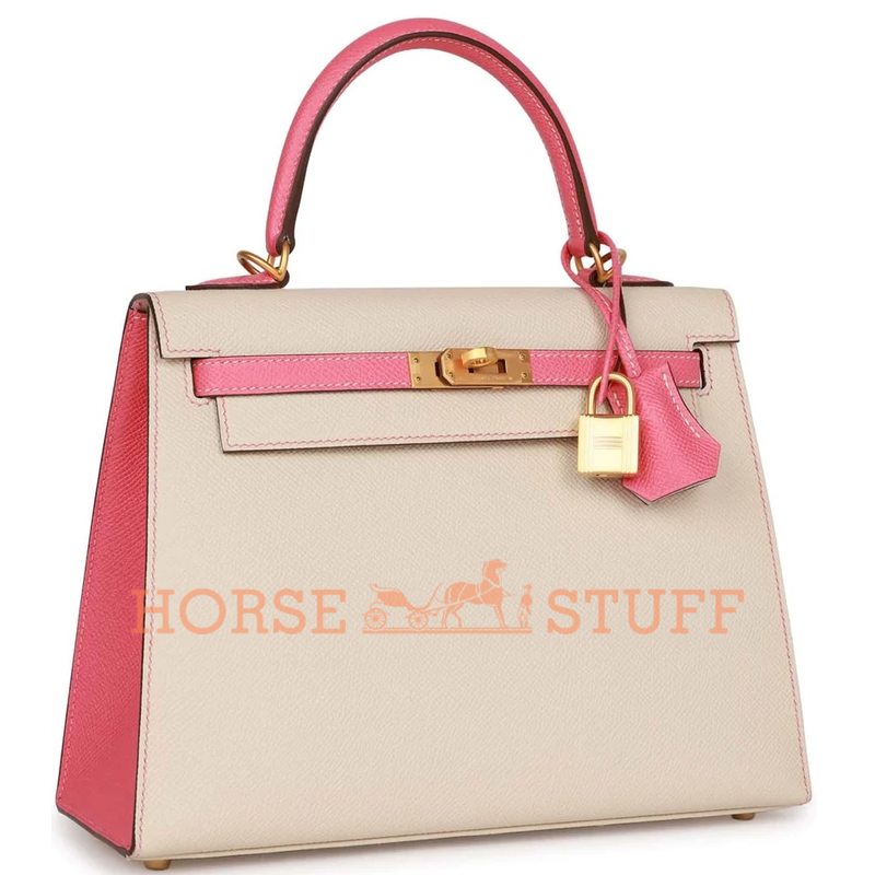 Hermès Kelly Sellier 25 Special Order HSS Craie / Rose Lipstick and Contrast Stitching Epsom BGHW