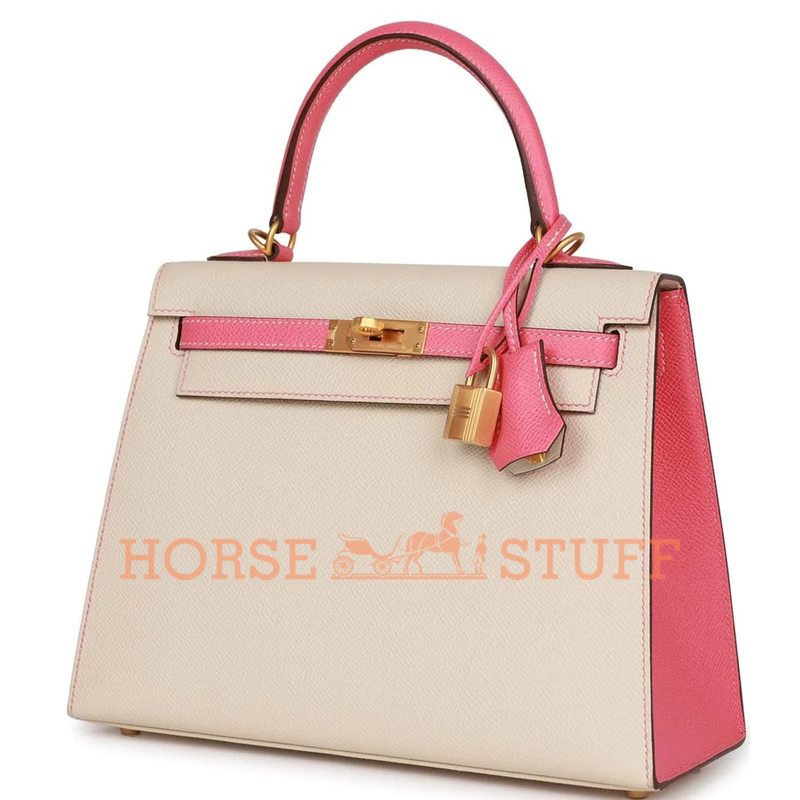 Hermès Kelly Sellier 25 Special Order HSS Craie / Rose Lipstick and Contrast Stitching Epsom BGHW