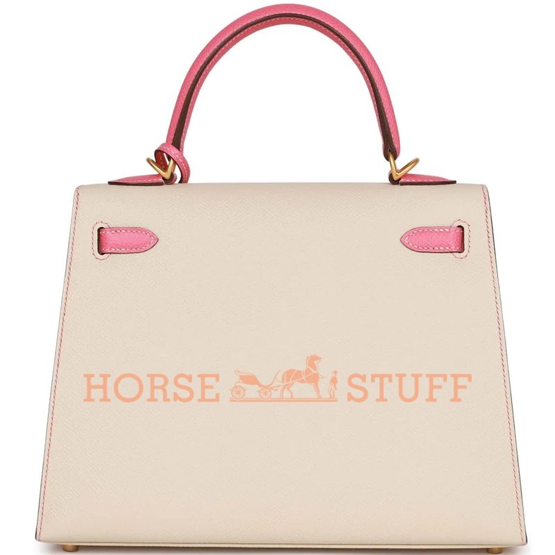 Hermès Kelly Sellier 25 Special Order HSS Craie / Rose Lipstick and Contrast Stitching Epsom BGHW