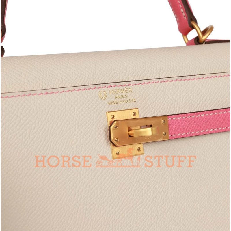 Hermès Kelly Sellier 25 Special Order HSS Craie / Rose Lipstick and Contrast Stitching Epsom BGHW