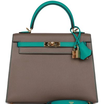 Hermès Kelly Sellier 25 Special Order HSS Etain / Blue Paon Epsom GHW