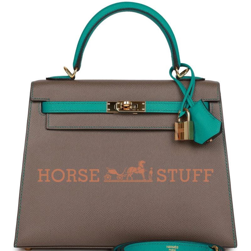 Hermès Kelly Sellier 25 Special Order HSS Etain / Blue Paon Epsom GHW