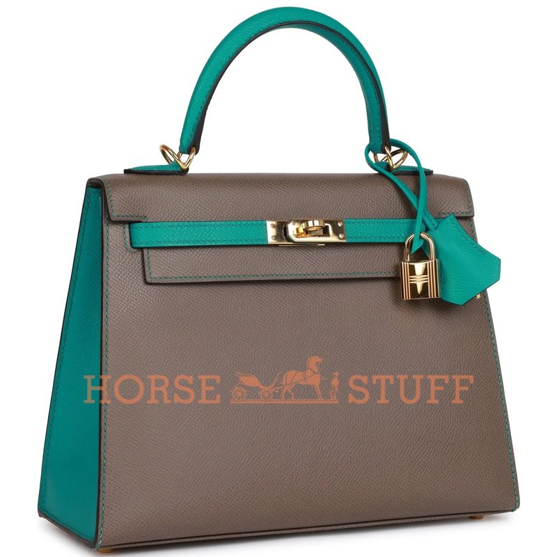 Hermès Kelly Sellier 25 Special Order HSS Etain / Blue Paon Epsom GHW