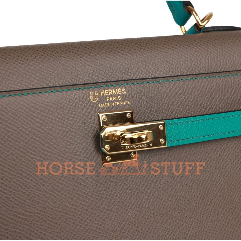 Hermès Kelly Sellier 25 Special Order HSS Etain / Blue Paon Epsom GHW