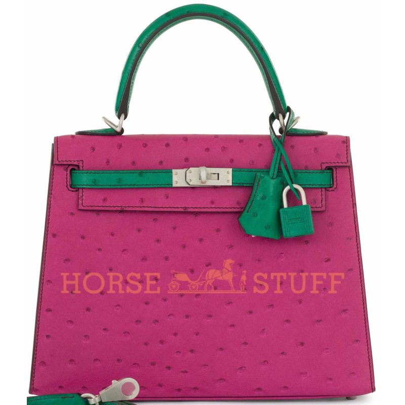 Hermès Kelly Sellier 25 Rose Scheherazade / Vert Emerald Ostrich BPHW