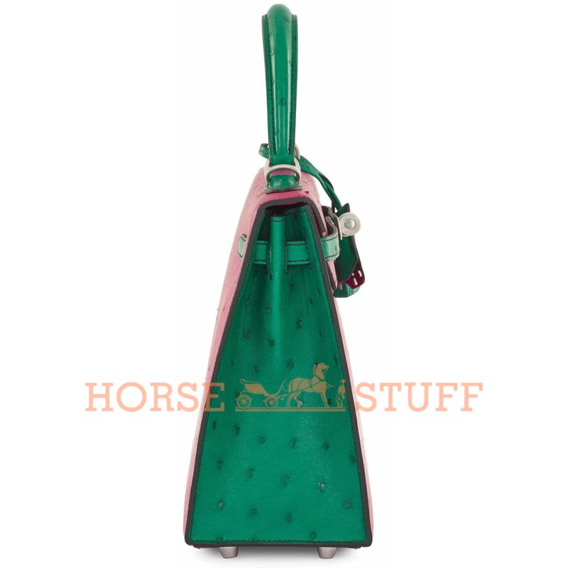 Hermès Kelly Sellier 25 Rose Scheherazade / Vert Emerald Ostrich BPHW