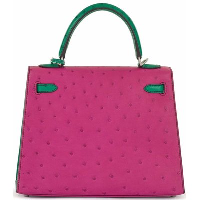 Hermès Kelly Sellier 25 Rose Scheherazade / Vert Emerald Ostrich BPHW