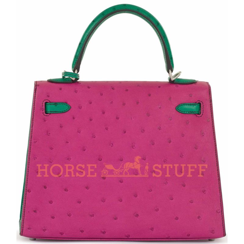 Hermès Kelly Sellier 25 Rose Scheherazade / Vert Emerald Ostrich BPHW