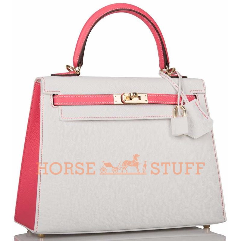 Hermès Kelly Sellier 25 Special Order HSS White / Rose Azalee Epsom Permabrass