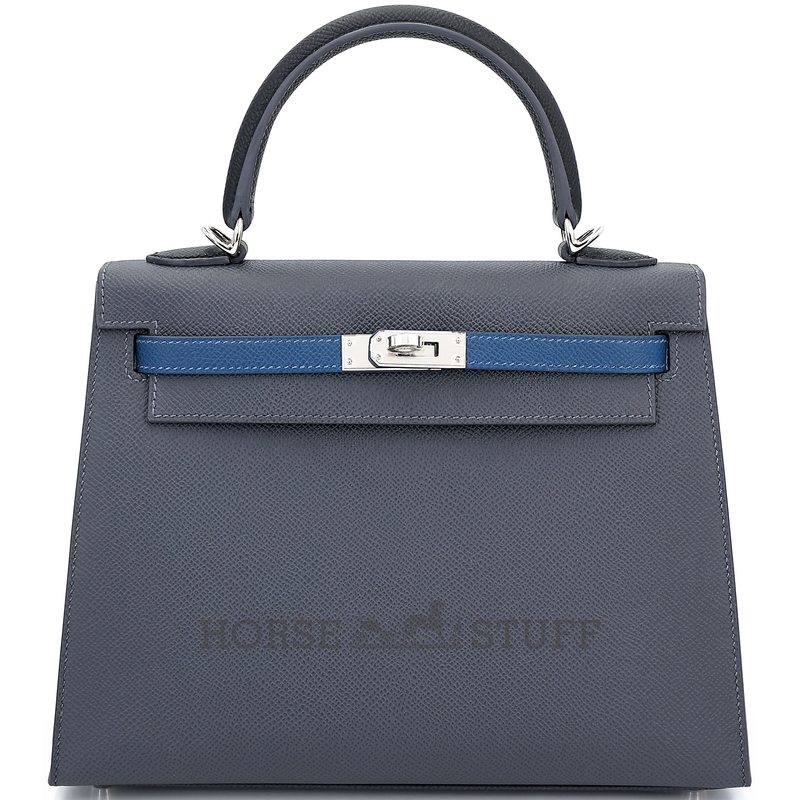 Hermès Kelly Sellier 25 Limited Edition Tricolor Ardoise / Deep Blue / Black Epsom PHW