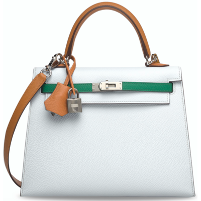 Hermès Kelly Sellier 25 Limited Edition Tricolor Blue Brume / Vert Jade / Gold Epsom PHW