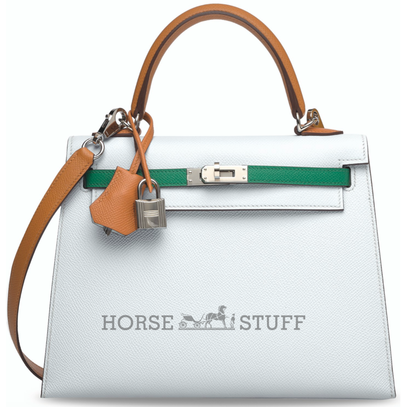 Hermès Kelly Sellier 25 Limited Edition Tricolor Blue Brume / Vert Jade / Gold Epsom PHW