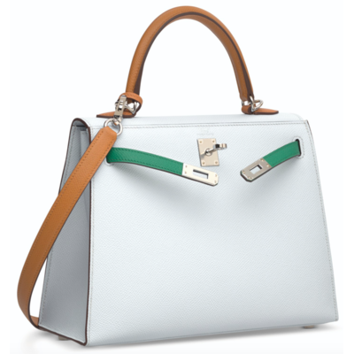 Hermès Kelly Sellier 25 Limited Edition Tricolor Blue Brume / Vert Jade / Gold Epsom PHW