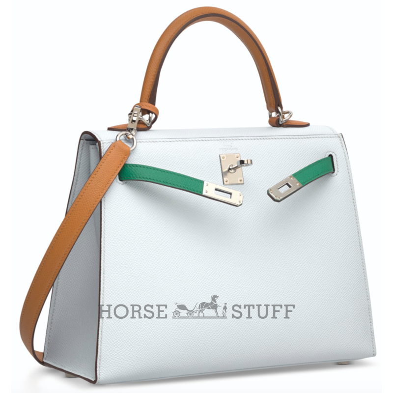 Hermès Kelly Sellier 25 Limited Edition Tricolor Blue Brume / Vert Jade / Gold Epsom PHW