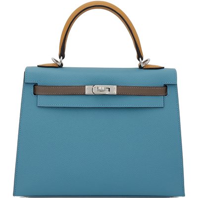 Hermès Kelly Sellier 25 Limited Edition Tricolor Blue Jean / Ecorce / Sesame Epsom PHW