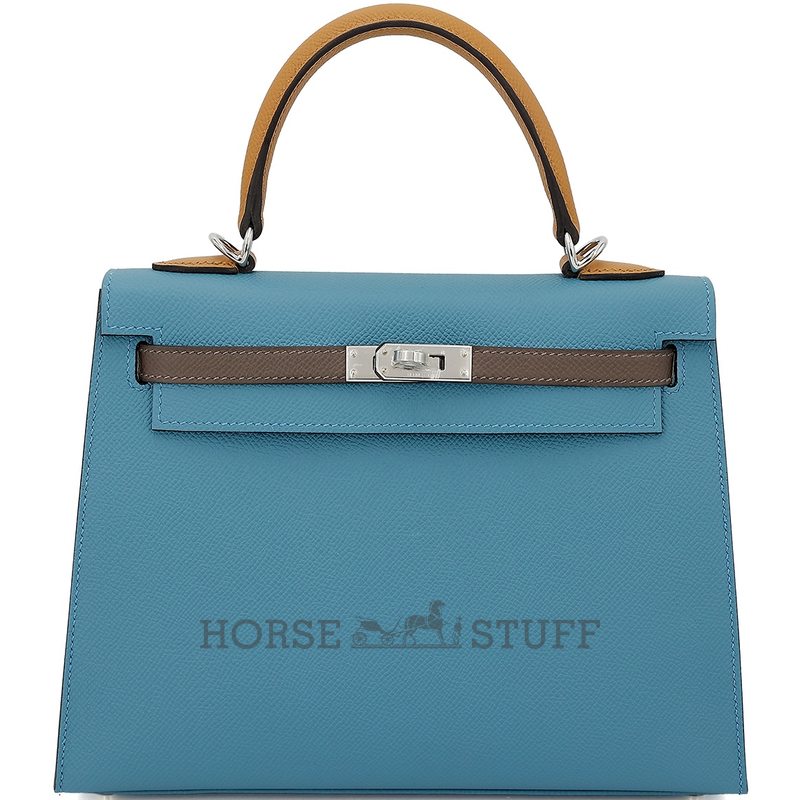 Hermès Kelly Sellier 25 Limited Edition Tricolor Blue Jean / Ecorce / Sesame Epsom PHW