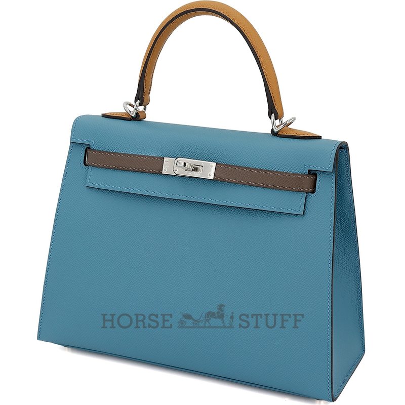Hermès Kelly Sellier 25 Limited Edition Tricolor Blue Jean / Ecorce / Sesame Epsom PHW