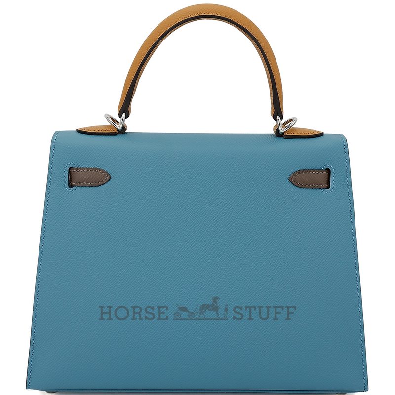 Hermès Kelly Sellier 25 Limited Edition Tricolor Blue Jean / Ecorce / Sesame Epsom PHW