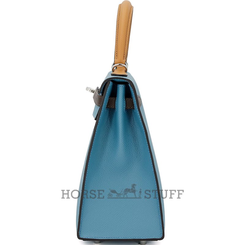 Hermès Kelly Sellier 25 Limited Edition Tricolor Blue Jean / Ecorce / Sesame Epsom PHW