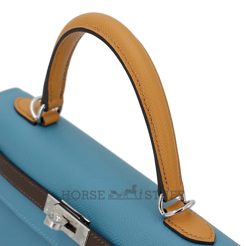 Hermès Kelly Sellier 25 Limited Edition Tricolor Blue Jean / Ecorce / Sesame Epsom PHW
