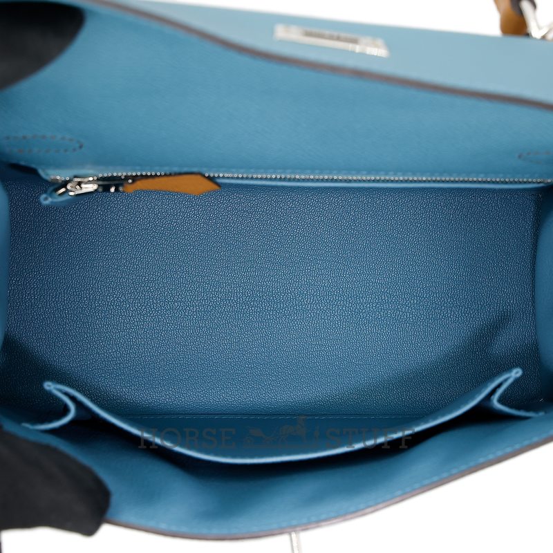 Hermès Kelly Sellier 25 Limited Edition Tricolor Blue Jean / Ecorce / Sesame Epsom PHW