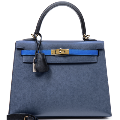 Hermès Kelly Sellier 25 Limited Edition Tricolor Blue Sapphire / Black / Blue Roi Epsom PHW