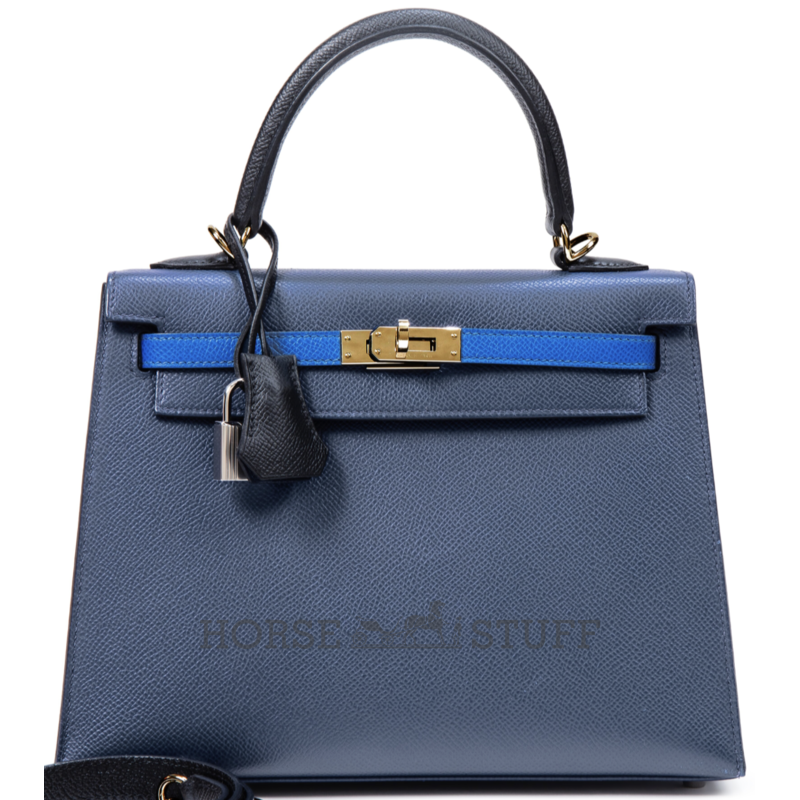 Hermès Kelly Sellier 25 Limited Edition Tricolor Blue Sapphire / Black / Blue Roi Epsom PHW