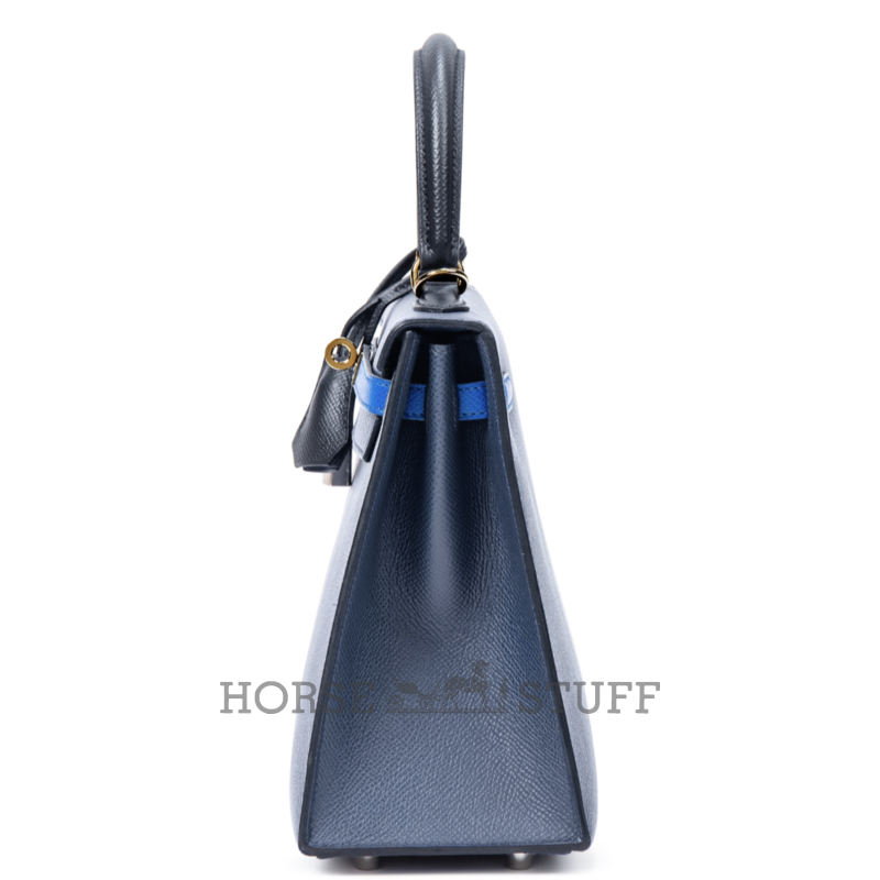 Hermès Kelly Sellier 25 Limited Edition Tricolor Blue Sapphire / Black / Blue Roi Epsom PHW