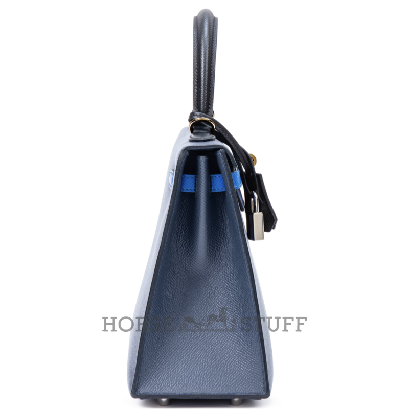Hermès Kelly Sellier 25 Limited Edition Tricolor Blue Sapphire / Black / Blue Roi Epsom PHW