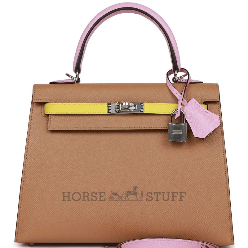 Hermès Kelly Sellier 25 Limited Edition Tricolor Chai / Lime / Mauve Sylvestre Epsom PHW