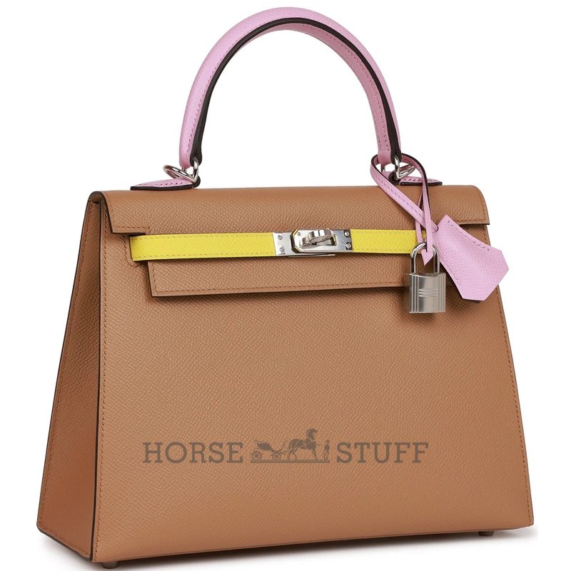 Hermès Kelly Sellier 25 Limited Edition Tricolor Chai / Lime / Mauve Sylvestre Epsom PHW