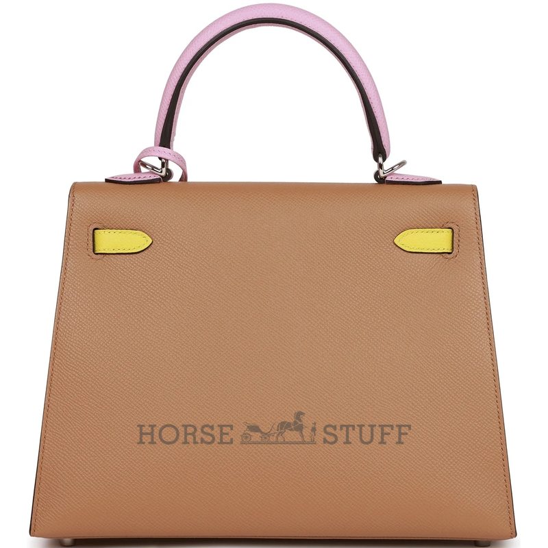 Hermès Kelly Sellier 25 Limited Edition Tricolor Chai / Lime / Mauve Sylvestre Epsom PHW