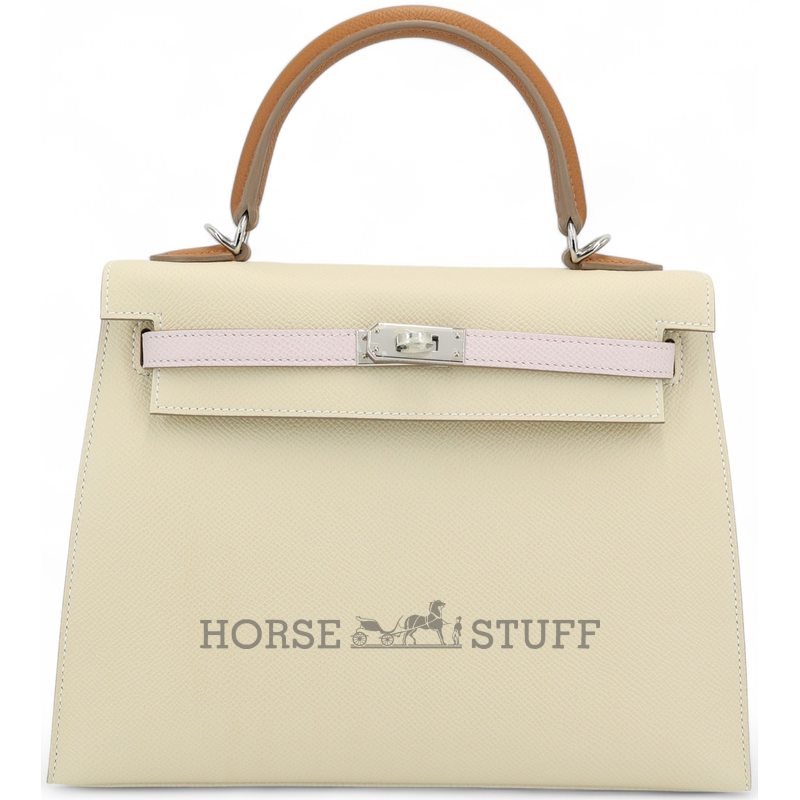Hermès Kelly Sellier 25 Limited Edition Tricolor Craie / Mauve Pale / Gold Epsom PHW