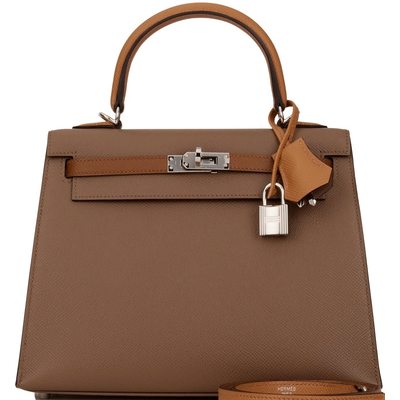 Hermès Kelly Sellier 25 Limited Edition Tricolor Etoupe / Alezan / Biscuit Epsom PHW