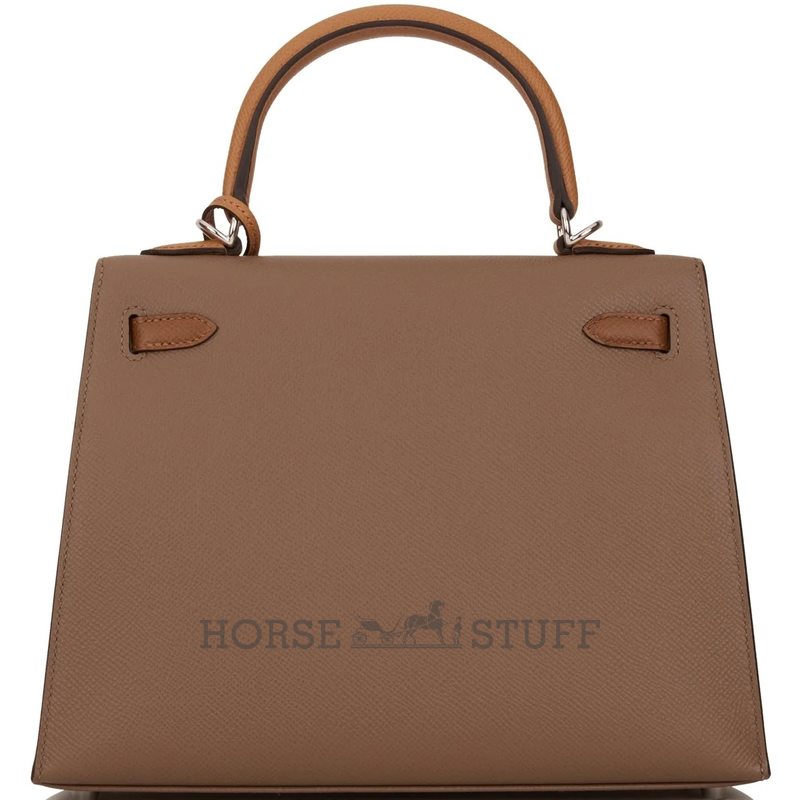 Hermès Kelly Sellier 25 Limited Edition Tricolor Etoupe / Alezan / Biscuit Epsom PHW