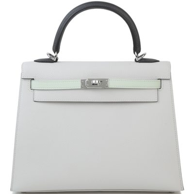 Hermès Kelly Sellier 25 Limited Edition Tricolor Gris Pale / Vert Fizz / Graphite Epsom PHW