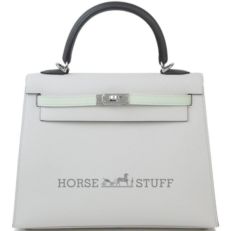 Hermès Kelly Sellier 25 Limited Edition Tricolor Gris Pale / Vert Fizz / Graphite Epsom PHW