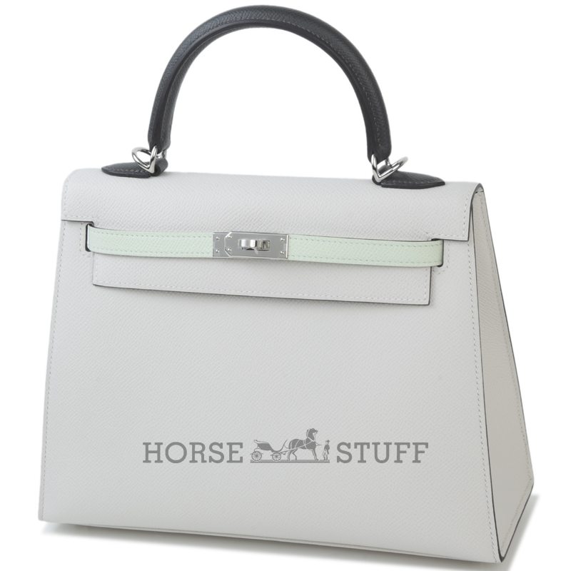 Hermès Kelly Sellier 25 Limited Edition Tricolor Gris Pale / Vert Fizz / Graphite Epsom PHW