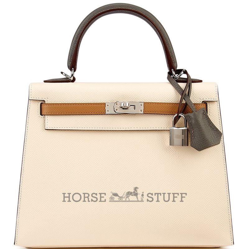 Hermès Kelly Sellier 25 Limited Edition Tricolor Nata / Chai / Gris Meyer Epsom PHW