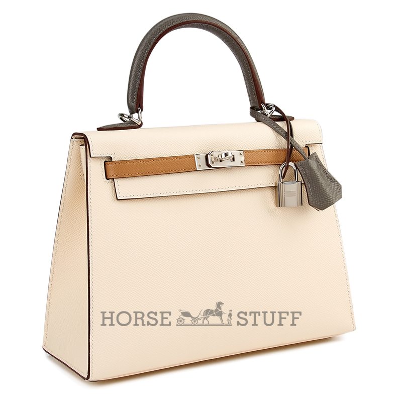 Hermès Kelly Sellier 25 Limited Edition Tricolor Nata / Chai / Gris Meyer Epsom PHW