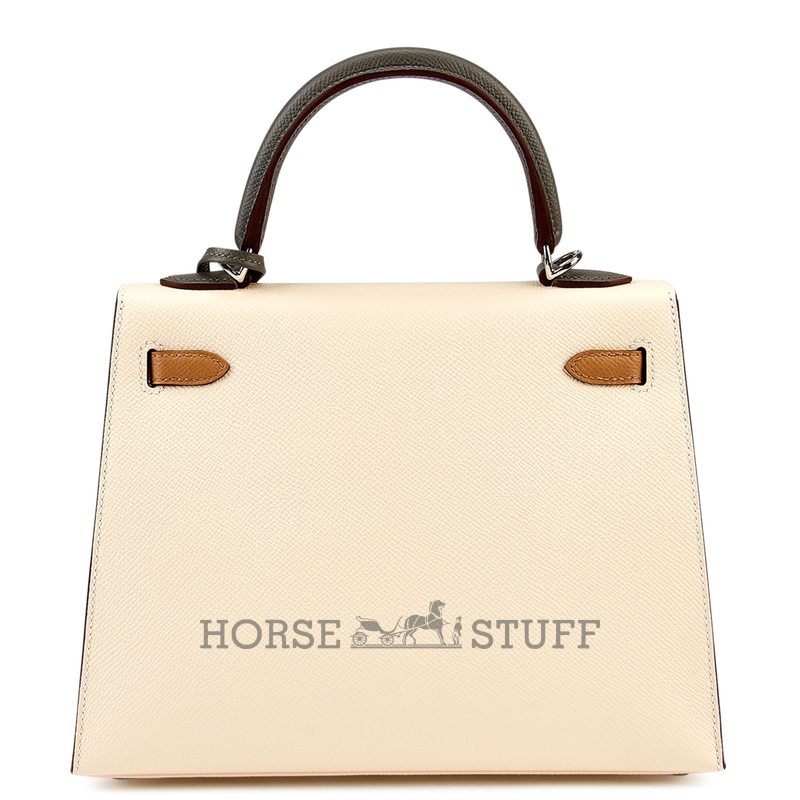 Hermès Kelly Sellier 25 Limited Edition Tricolor Nata / Chai / Gris Meyer Epsom PHW