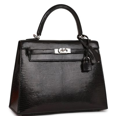 Hermès Kelly Sellier 25 Black Shiny Niloticus Lizard PHW