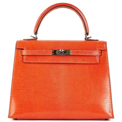 Hermès Kelly Sellier 25 Orange Shiny Niloticus Lizard PHW