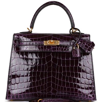 Hermès Kelly Sellier 25 Aubergine Shiny Crocodile Niloticus GHW